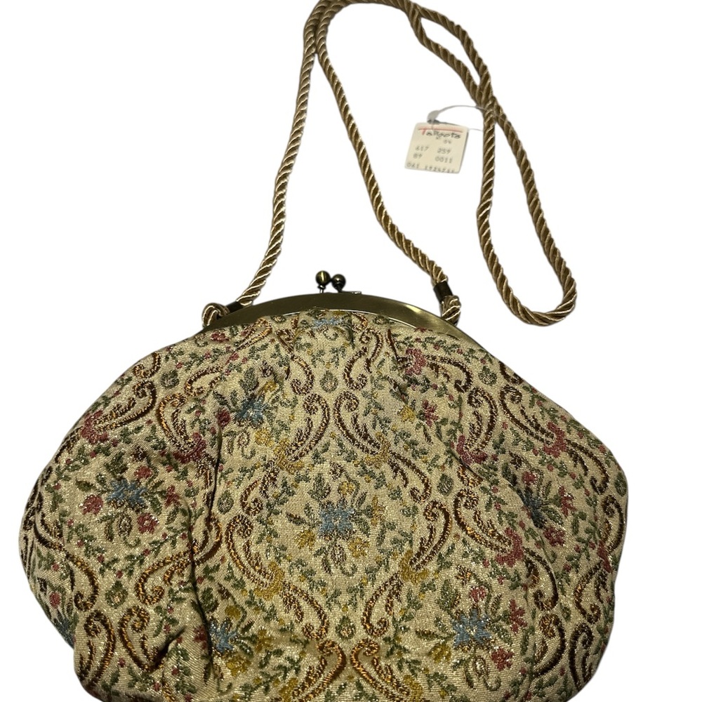 Talbots Vintage 1970 Floral Brocade Evening Bag Gold Rope Strap Clutch Purse